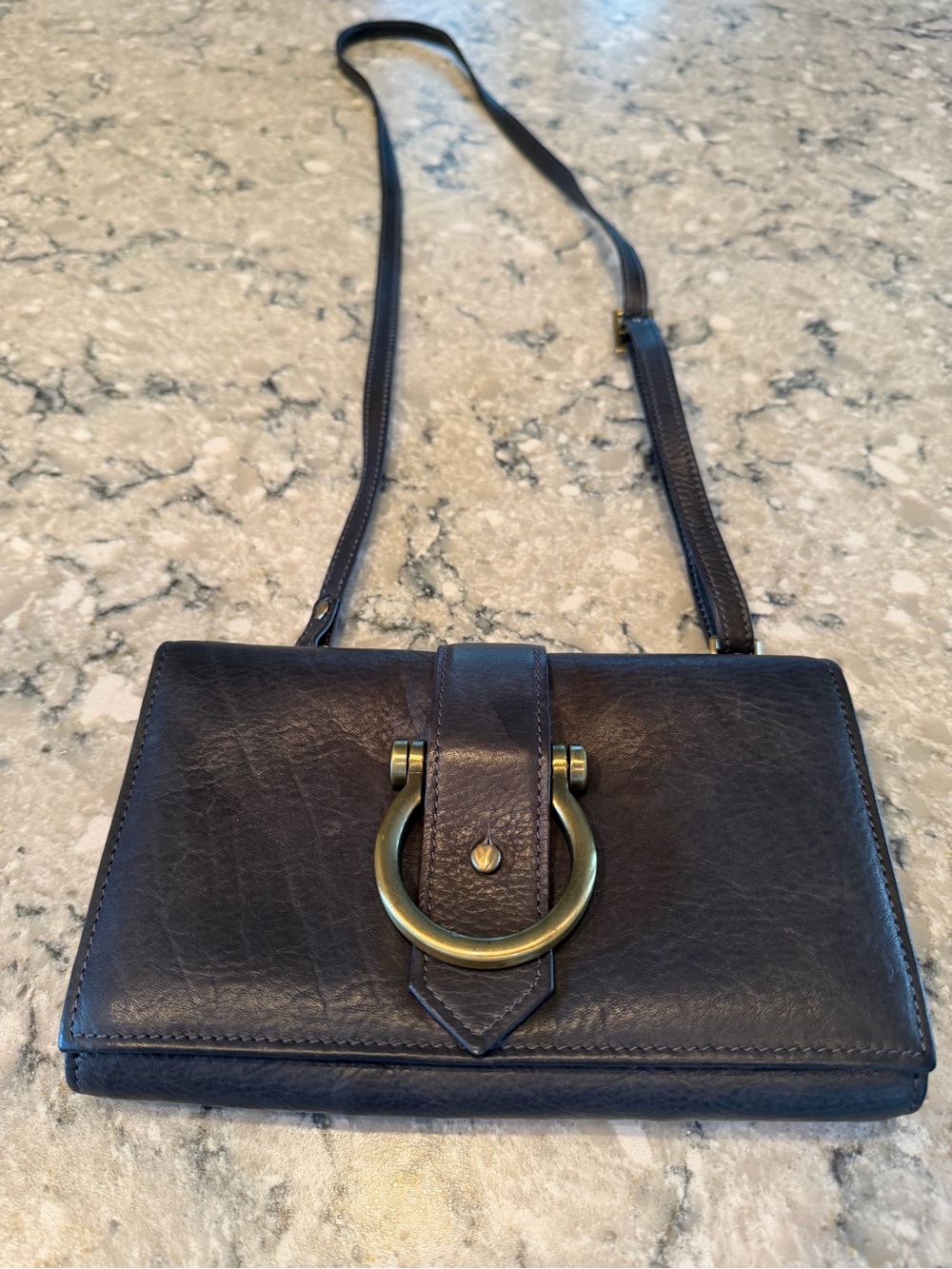 Women's Black Soft Leather Trifold Crossbody with Brass Ring Detail
